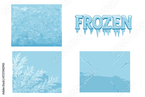 Vector design frozen texture and logo set with icy patterns and transparent background for winter, cold, frost effects, frozen surface, and ice-themed illustrations