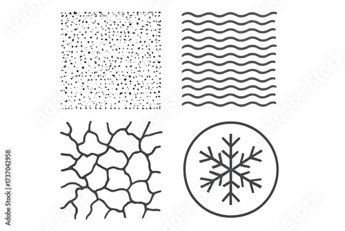 Vector design set of natural textures and frozen snowflake symbol, including grainy, wavy, cracked patterns and snowflake icon, transparent background, illustration collection for web and print stock