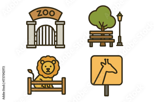 Vector design of zoo entrance gate, park bench with tree and lamp post, lion in enclosure, and giraffe sign symbol set with transparent background, animal and nature icons for web and stock