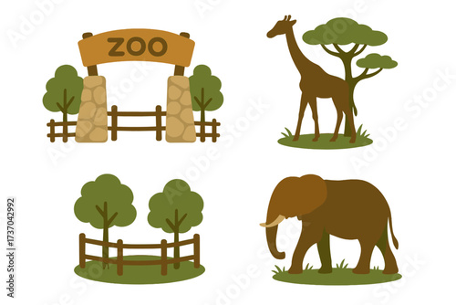 Vector zoo gate entrance with brown stone pillars and wooden fence, giraffe and elephant animal silhouettes, green trees and nature park concept, wildlife and safari vector illustration