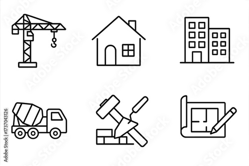 Vector illustration of construction and building icons, including crane, house, apartment, cement truck, masonry tools, and blueprint plan for construction and real estate design