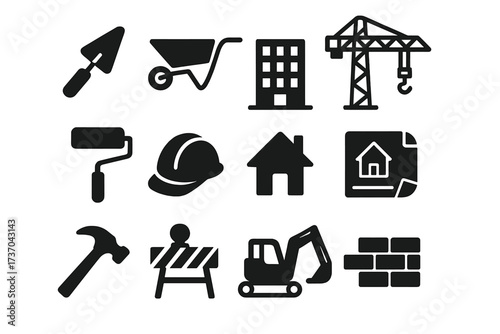 Vector illustration of construction and building icons collection, construction tools, equipment, estate development, building plan and architecture symbols with transparent background