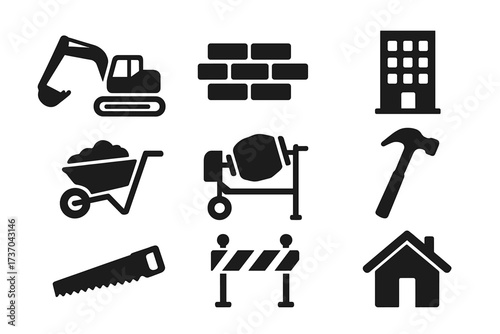 Vector illustration of construction and building icons. Collection of construction tools, machinery, architecture and estate vector icons for stock. Transparent background.