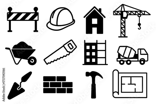 Vector illustration of construction and building icons, set of construction tools, equipment, and architecture symbols for estate and building projects, transparent background
