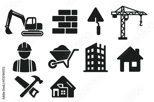 Construction and building icons vector set, construction equipment, tools, worker helmet, building and home silhouette, estate and architecture symbols for stock graphics