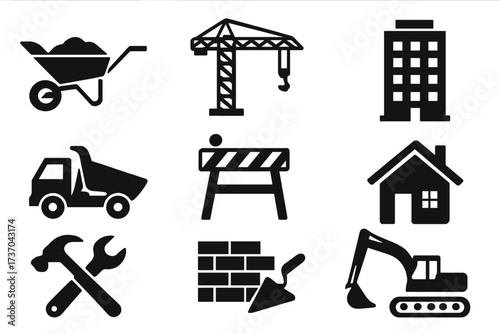 Construction and Building Vector Icons Collection, Black Silhouette Tools, Machinery, Construction Barriers, Crane, House and Building Symbols for Estate and Building Projects