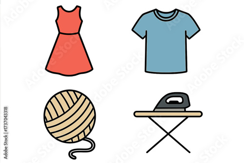 Fashion and garment vector icons set, red dress, blue t-shirt, yarn ball, ironing board with iron, clothing symbols collection, cotton textile elements, transparent background vector illustration