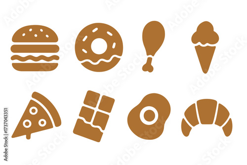 Vector illustration of delicious food icons including burger, donut, fried chicken, ice cream, pizza slice, chocolate bar, fried egg, croissant, tasty fast food collection on transparent background