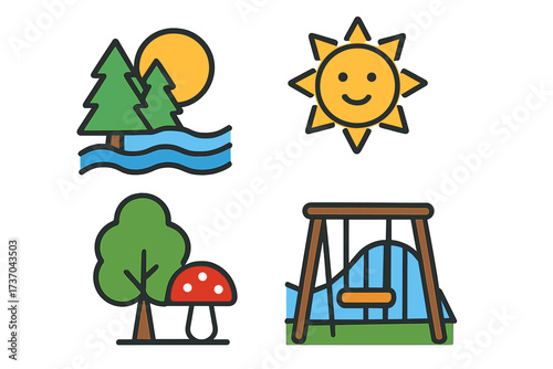 Colorful vector illustration collection of nature and fun outdoor elements including pine trees by river under sun, smiling sun icon, tree with red mushroom, and playground swing set with slide