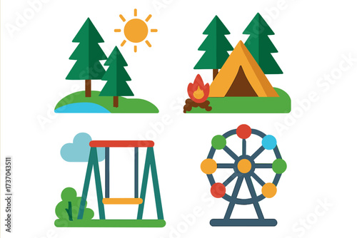 Colorful vector illustration set of nature outdoors and fun entertainment elements with pine trees, bright sun, camping tent with campfire, playground swing, and Ferris wheel on transparent background