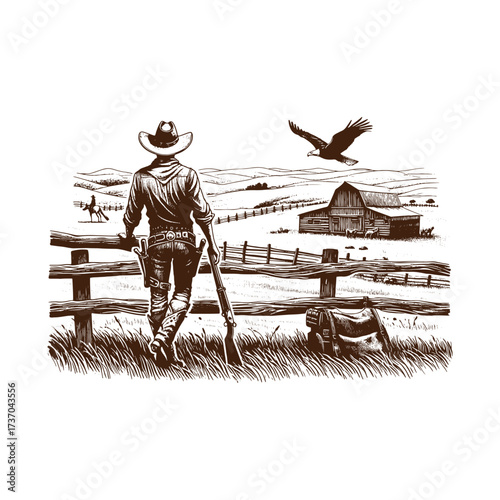 Vintage Western Cowboy Overlooking Ranch Landscape