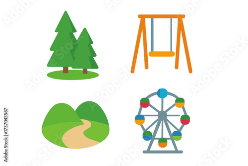Vector illustration of nature and fun park symbols, including green pine trees, playground swing, scenic path through hills, and colorful ferris wheel, nature fun entertainment collection