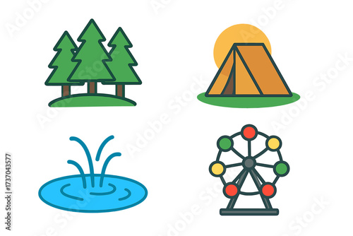 Colorful vector illustration of nature and fun symbols including pine trees, camping tent at sunset, water splash, and ferris wheel entertainment icon set for web and outdoors