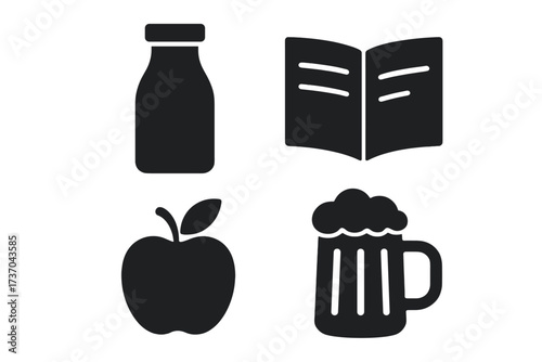 Vector illustration of product icons and menu symbols. Set of grocery items and bar drink graphics. Apple fruit, bottle, beer mug, and open menu design. Transparent background vector collection.