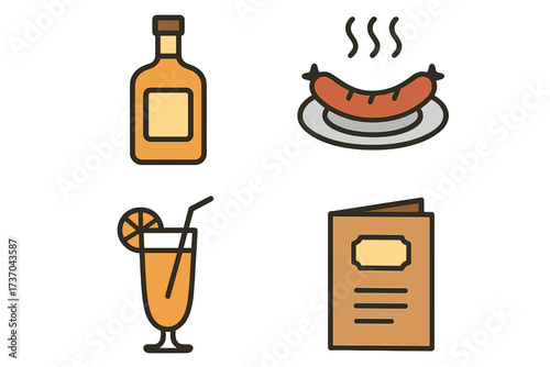 Vector illustration of bar menu icons with drink bottle, cocktail glass, steaming sausage on plate, and menu card set, food and beverage concept design, transparent background