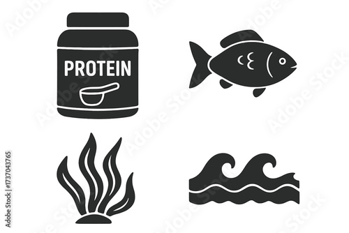 Protein supplement container with sea fish, seaweed and ocean wave icons collection. Natural marine nutrition symbols, health and fitness diet concept. Vector illustration with transparent background