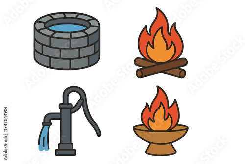 Vector illustration of water sources and fire symbols. Set of water well, manual water pump, campfire, and ceremonial flame icons for stock use. Transparent background, ordered set.