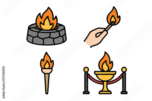 Vector illustration of fire source and ceremonial icons. Collection of campfire, burning torch, matchstick flame, and eternal flame trophy with transparent background, fire elements set.
