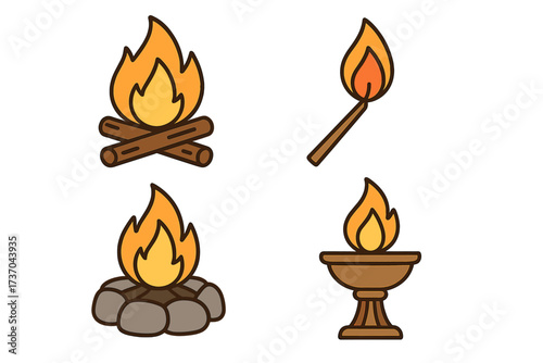 Vector illustration of fire source and ceremonial icons including campfire, matchstick, stone fire pit, and torch flame collection for outdoor and ritual themes, transparent background