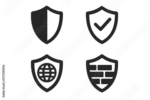 Security shield icon set for logos. Protection concepts like internet security, antivirus, firewall, and data safety. Secure web, privacy guard, and verified checkmark.