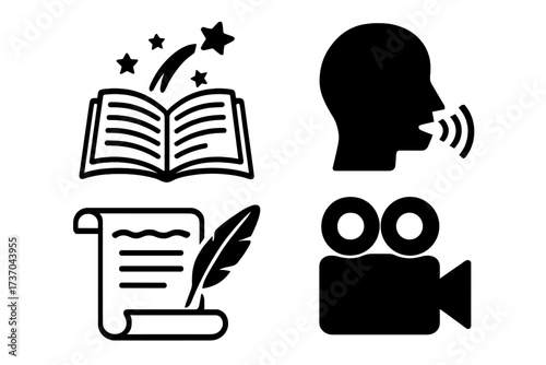 Storytelling icons set with open book, speaking head, quill and parchment, and video camera symbols for creative writing, literature, media, and communication concepts