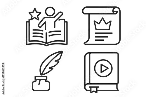 Vector illustration of story and literary items icons, collection of story elements and attributes symbols, creative writing, book, parchment, feather pen, digital media concept
