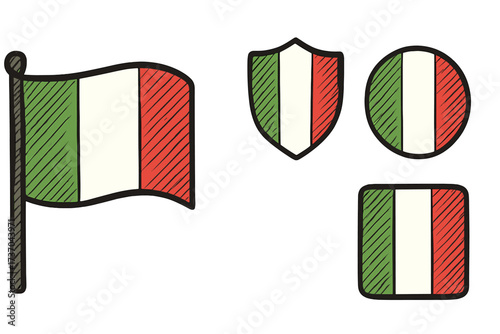 Italian flag vector icon set. Hand-drawn doodle illustration of Italy's national symbol in different shapes. Includes waving flag, shield, circle button, and square badge.