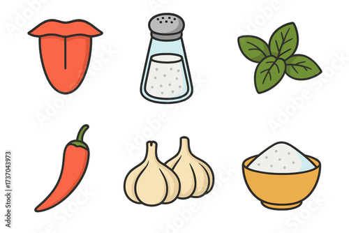 Vector illustration of taste and seasoning icons, organic spice collection with salt, garlic, chili, basil, and lips for flavor, cooking, culinary design, transparent background