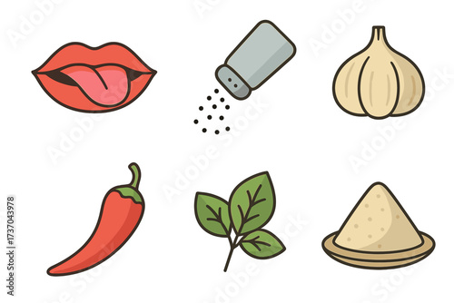Vector illustration of taste and seasoning icons collection, including chili pepper, garlic, salt shaker, fresh leaves, powder spice, and tongue symbol for organic cooking and flavor concept