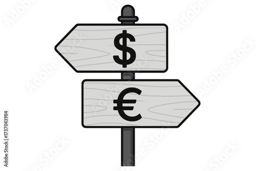 Signpost choice between Dollar and Euro. Concept for currency exchange rate, financial decision, and economic direction. Forex trading vector. Business investment strategy.