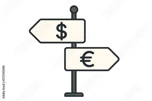 Signpost concept for currency exchange rate with dollar and euro signs. Financial choice, investment decision, business strategy, forex trading, and economic comparison vector.