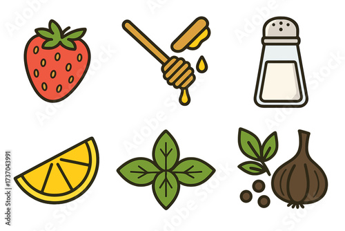 Vector illustration of taste and seasoning icons, organic food flavors set including strawberry, honey dipper, salt shaker, lemon slice, basil leaves, garlic and peppercorns, transparent background