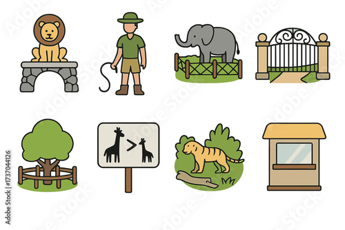 Vector illustration set of zoo and park symbols with animals, zookeeper, tiger, lion, elephant, giraffe sign, tree, gate, and ticket booth, green nature elements, wildlife and outdoor park concept