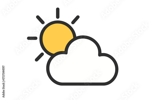 Weather icon sun behind cloud, flat style, vector cartoon illustration with transparent background, sunny partly cloudy symbol, meteorology, climate forecast design