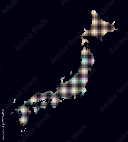Japan dotted map. Digital style map of the country on dark background. Japan shape with circle dots. Colored dots style. Small size circles. Beautiful vector illustration.