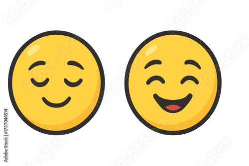 Set of happy and satisfied emoji. Vector illustration of charming and joyful emoticons. Yellow smiley face character showing emotions of happiness, contentment and calm.