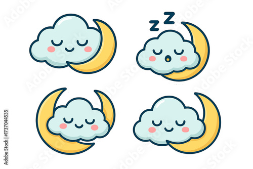 Cute cloud sleeping on the moon. Kawaii character sticker set. Sleepy weather emoji mascot collection. Goodnight and sweet dreams concept. Vector cartoon emoticon icon pack.