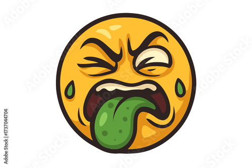 Disgusted emoticon with green tongue sticking out. Nauseated emoji face. Gross, sick, and yucky expression. Feeling ill, puke, vomit concepts. Vector smiley illustration.