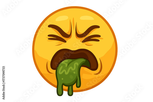Vomiting emoji face vector illustration. Sick yellow emoticon spewing green puke. Disgusted smiley icon symbol for nausea, illness, or food poisoning concept. Cartoon character.