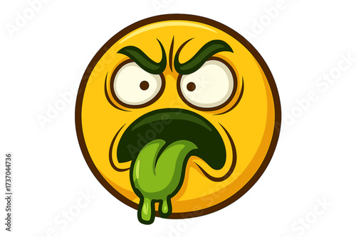 Crazy disgusted emoticon with tongue out. Yuck face emoji showing revulsion. Nauseous, gross, sick smiley. Vector illustration concept for feeling of bad taste, sickness.