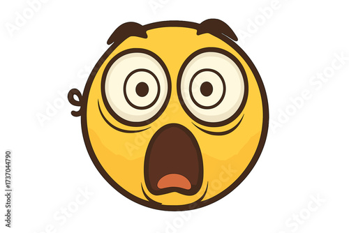 Crazy emoticon with a surprised stare. Vector emoji with shocked expression. Unexpected wow emotion. Face with open mouth and wide eyes. Comic cartoon smiley character illustration.