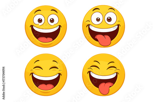 Happy laughing emoji set. Vector emoticon collection. Cheerful crazy smiley faces with tongue out. Joyful funny cartoon character icons. Positive emotion and expression design.