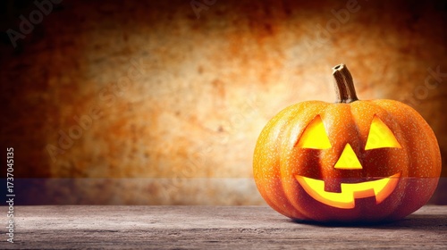 Spooky Halloween Pumpkin with Carved Face on Rustic Wooden Table and Textured Background for Fall Celebrations and Decorations