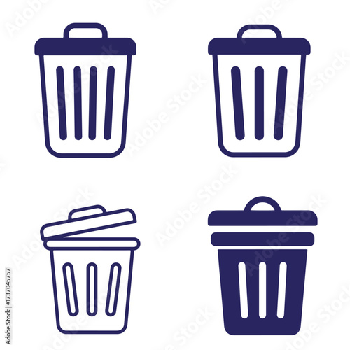 Four simple trash can icons in different styles representing waste management concepts