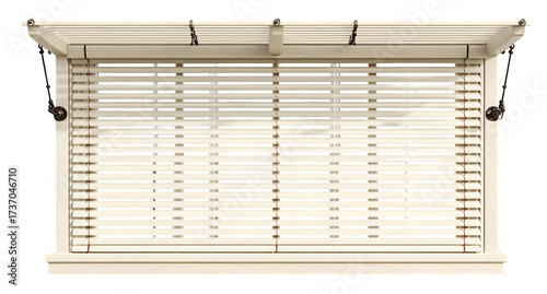 Cream-colored window blind structure, featuring a pergola design with slats, horizontal wooden blinds with a view, and a dark background, depicting a window treatment with elegant, neutral tones.