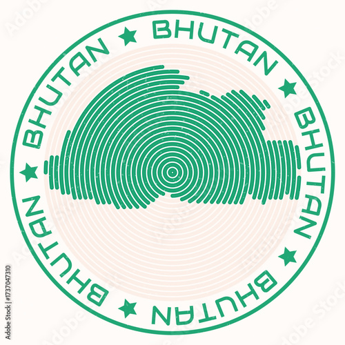 Bhutan map with round title. Country shape rings. Bhutan text around the country boundary shape. Vibrant vector illustration.