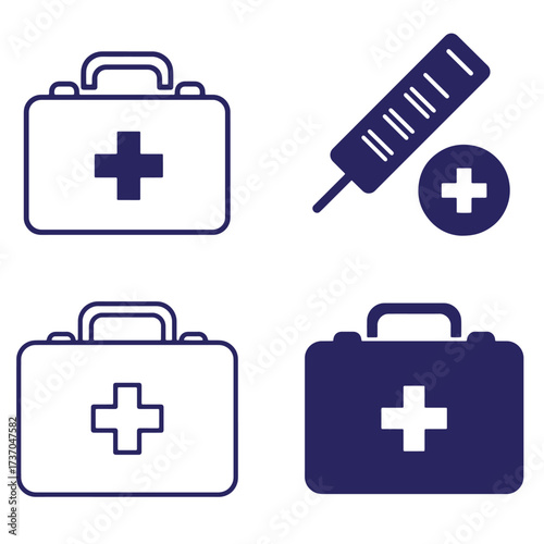 Set of four isolated medical icons representing first aid kit and healthcare symbols