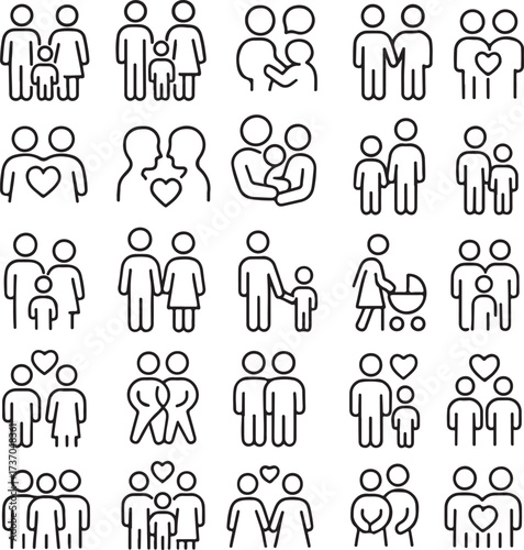 Family Icons: A collection of minimalist icons represents diverse family structures and relationships, illustrating unity, love, and kinship. 