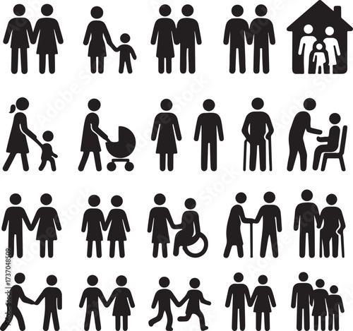 Pictogram representation of families and couples: A collection of diverse pictogram illustrations of families and couples.