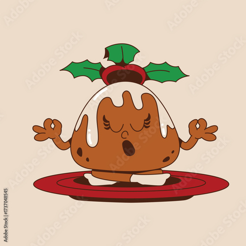 Groovy Cartoon Christmas Pudding Meditating Character Holiday Season Illustration
